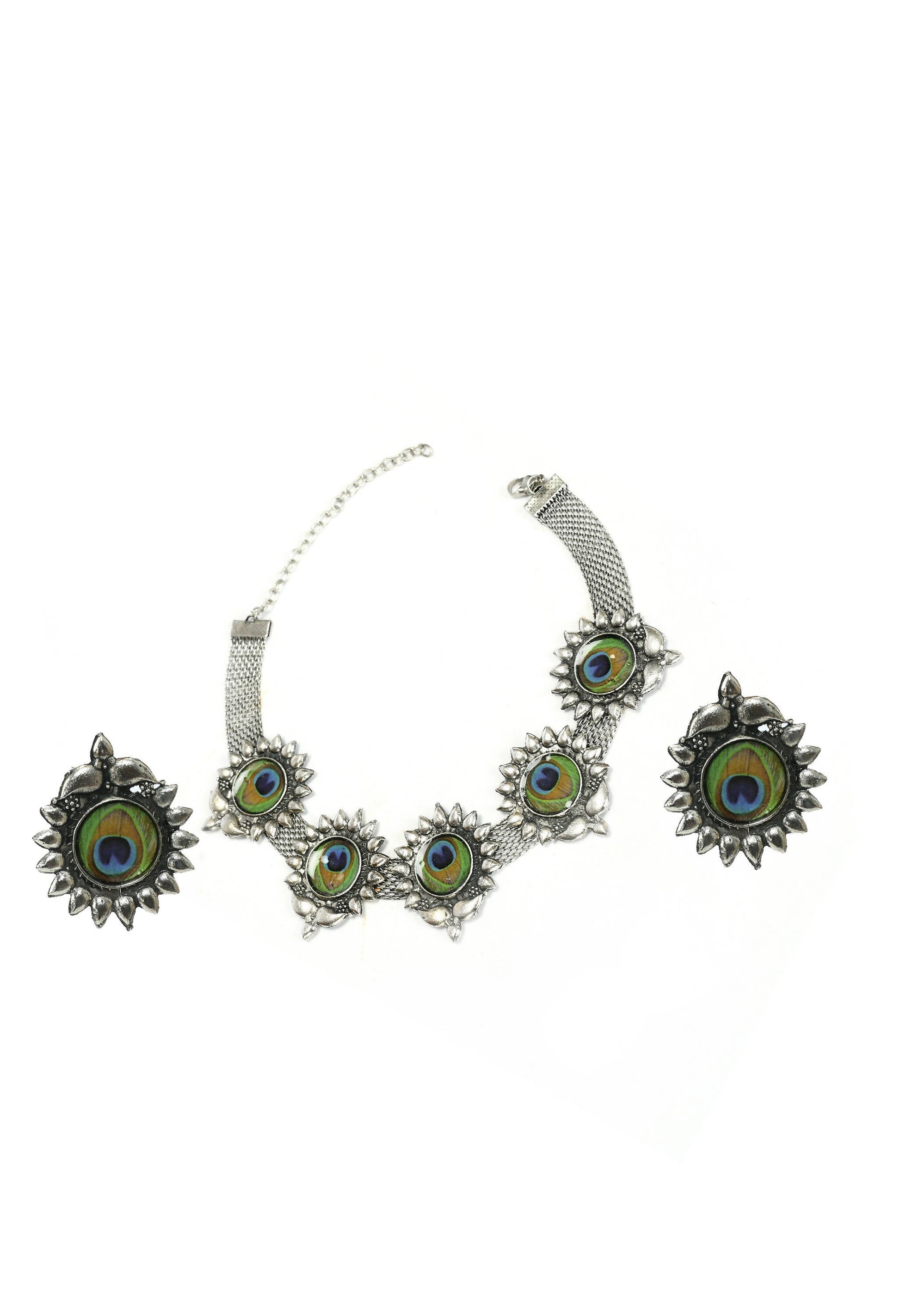 Mominos Fashion Johar Kamal Oxidised Silver-Plated Peacock Wings Work Necklace Handicraft | Swadesiicart