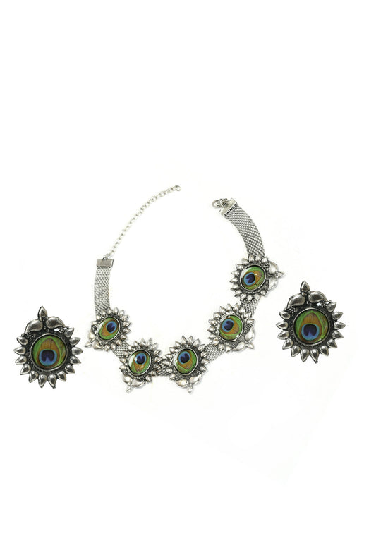 Mominos Fashion Johar Kamal Oxidised Silver-Plated Peacock Wings Work Necklace Handicraft | Swadesiicart