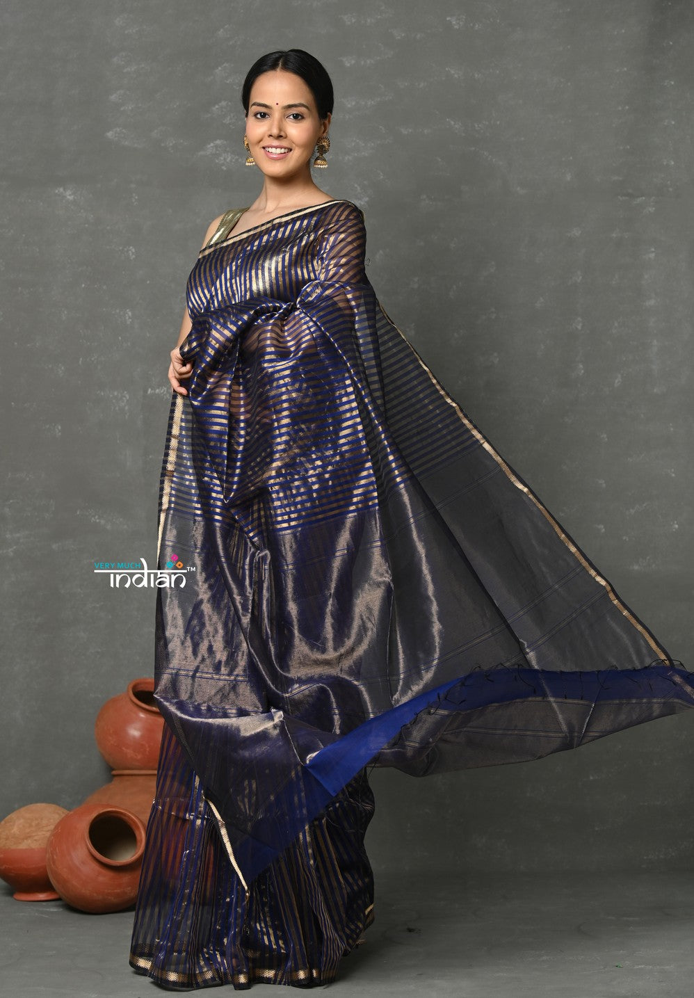 Very Much Indian Handloom Pure Cotton Silk Saree With Trendy Golden Stripes - Indigo Blue | Swadesiicart