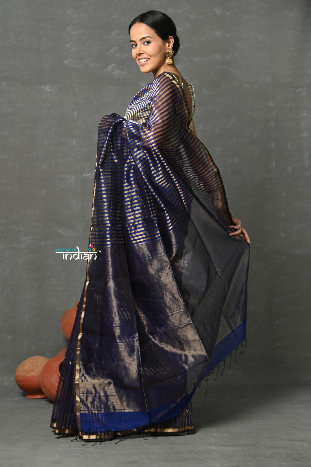 Very Much Indian Handloom Pure Cotton Silk Saree With Trendy Golden Stripes - Indigo Blue | Swadesiicart
