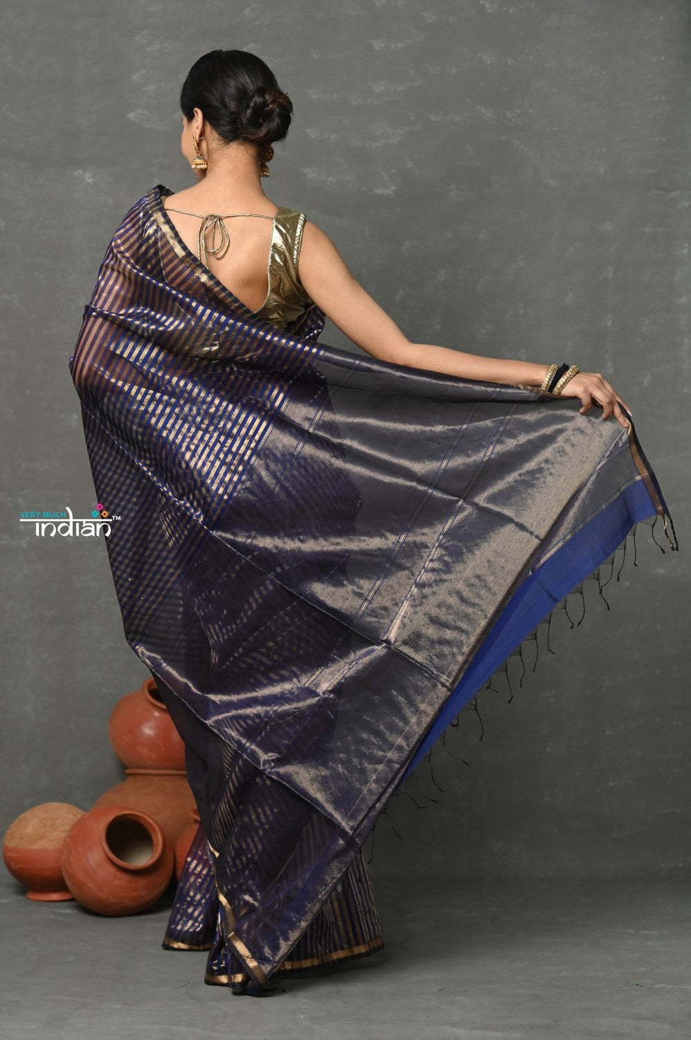Very Much Indian Handloom Pure Cotton Silk Saree With Trendy Golden Stripes - Indigo Blue | Swadesiicart
