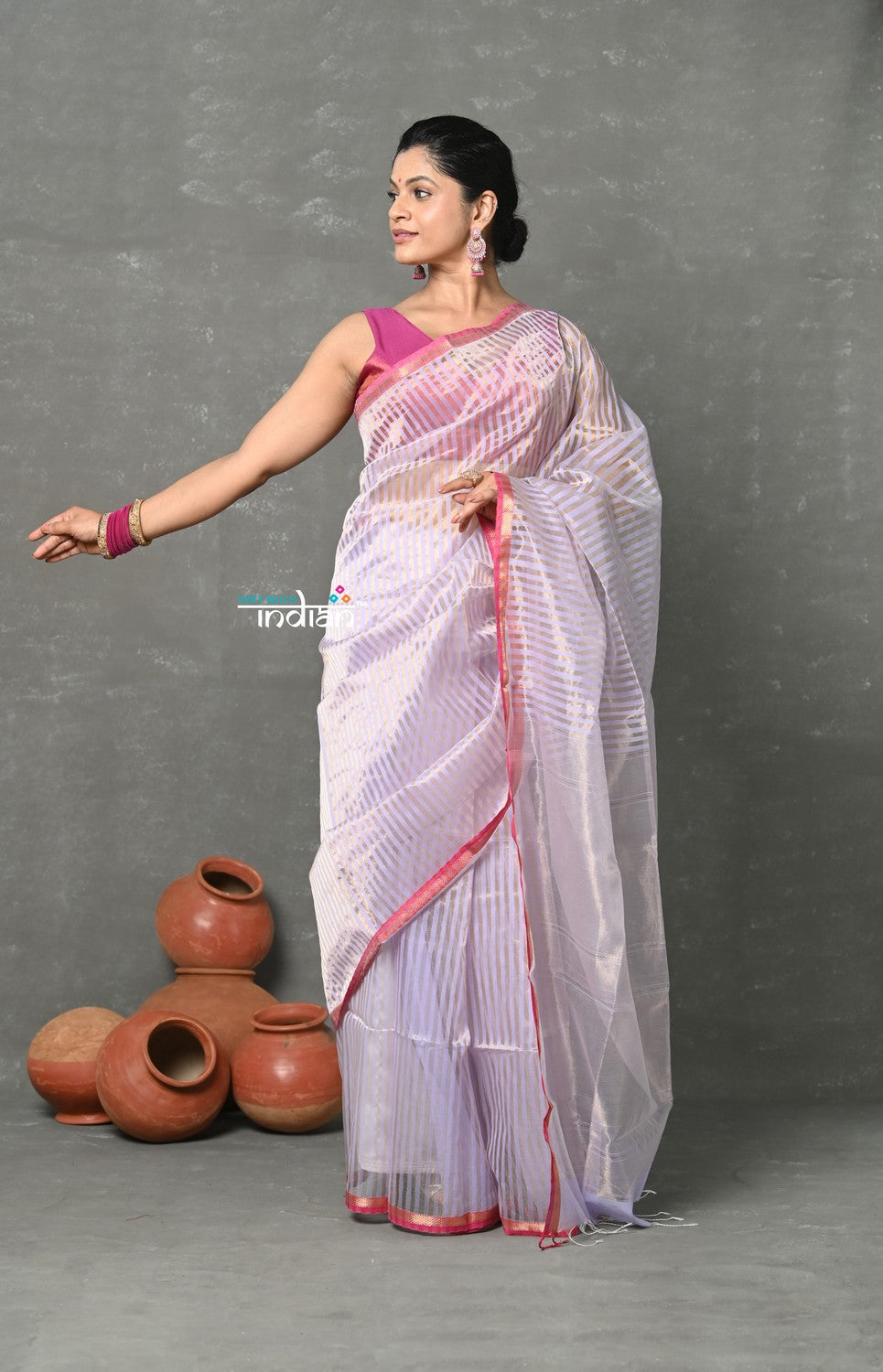 Very Much Indian Handloom Pure Cotton Silk Saree With Trendy Stripes - Pretty Lavender | Swadesiicart