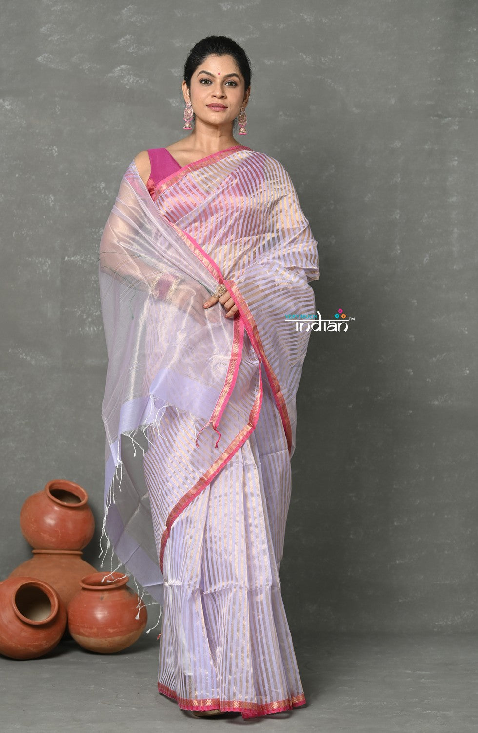 Very Much Indian Handloom Pure Cotton Silk Saree With Trendy Stripes - Pretty Lavender | Swadesiicart