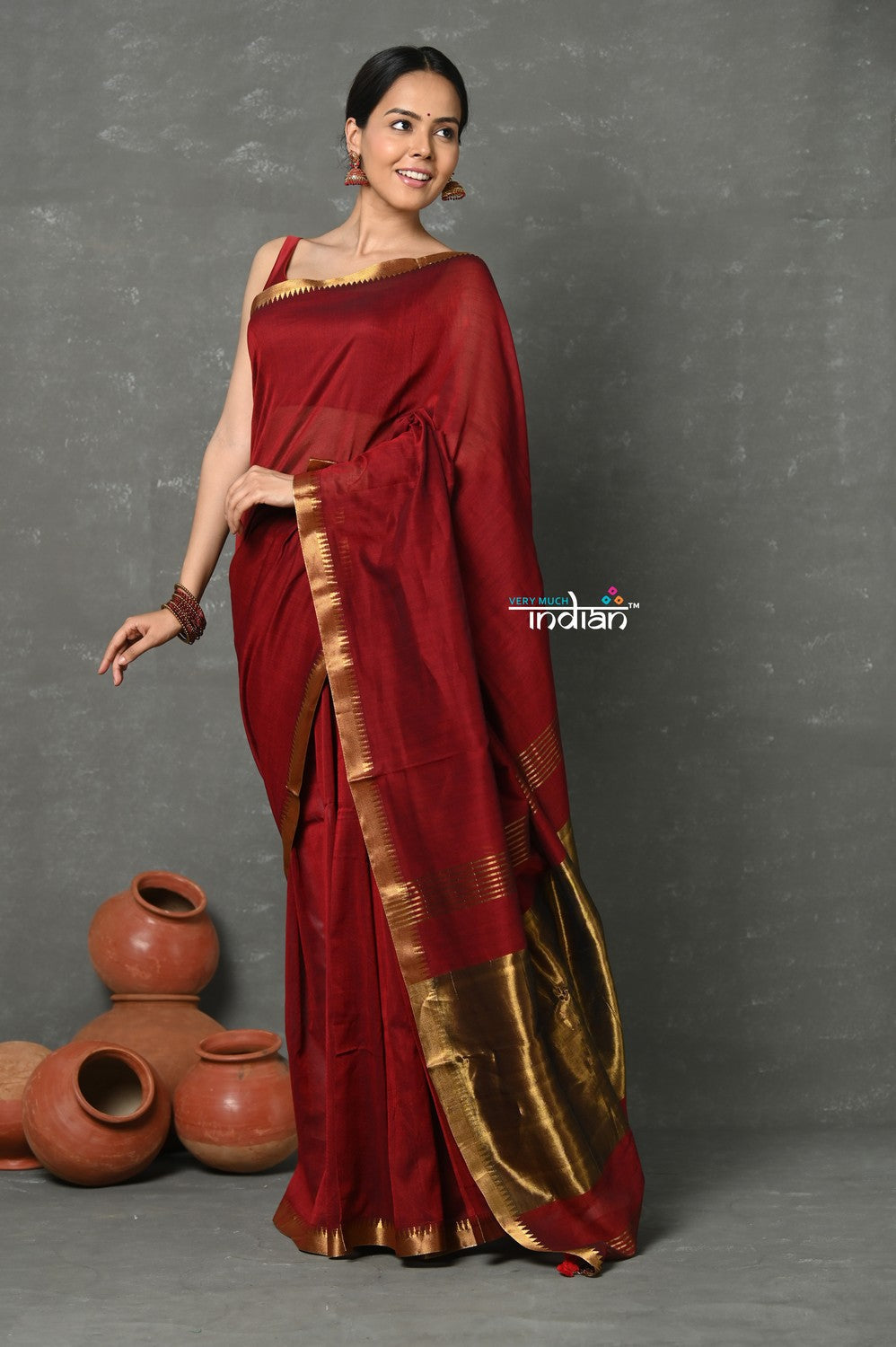 Very Much Indian Designer! High Quality Pure Mul Cotton Handloom Saree - Maroon | Swadesiicart