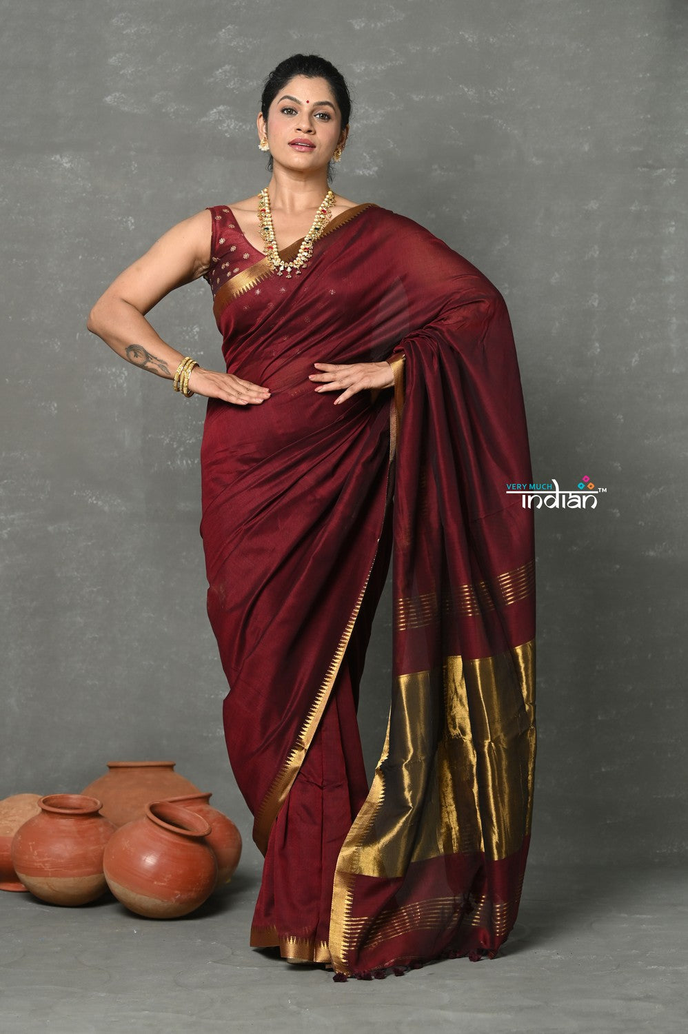 Very Much Indian Tyohaar - Designer! High Quality Pure Mul Cotton Handloom Saree - Dark Maroon | Swadesiicart