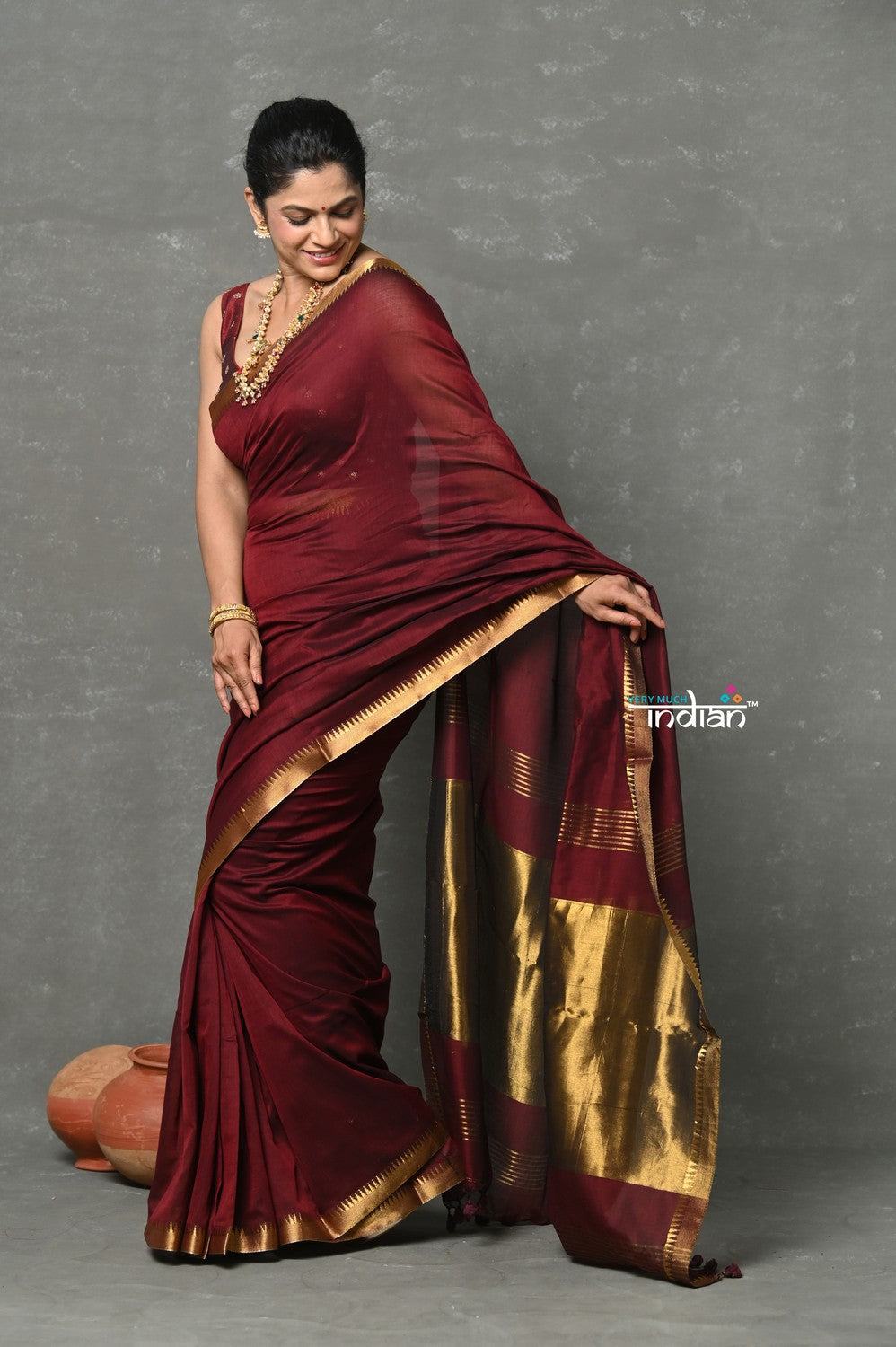 Very Much Indian Designer! High Quality Pure Mul Cotton Handloom Saree - Dark Maroon | Swadesiicart