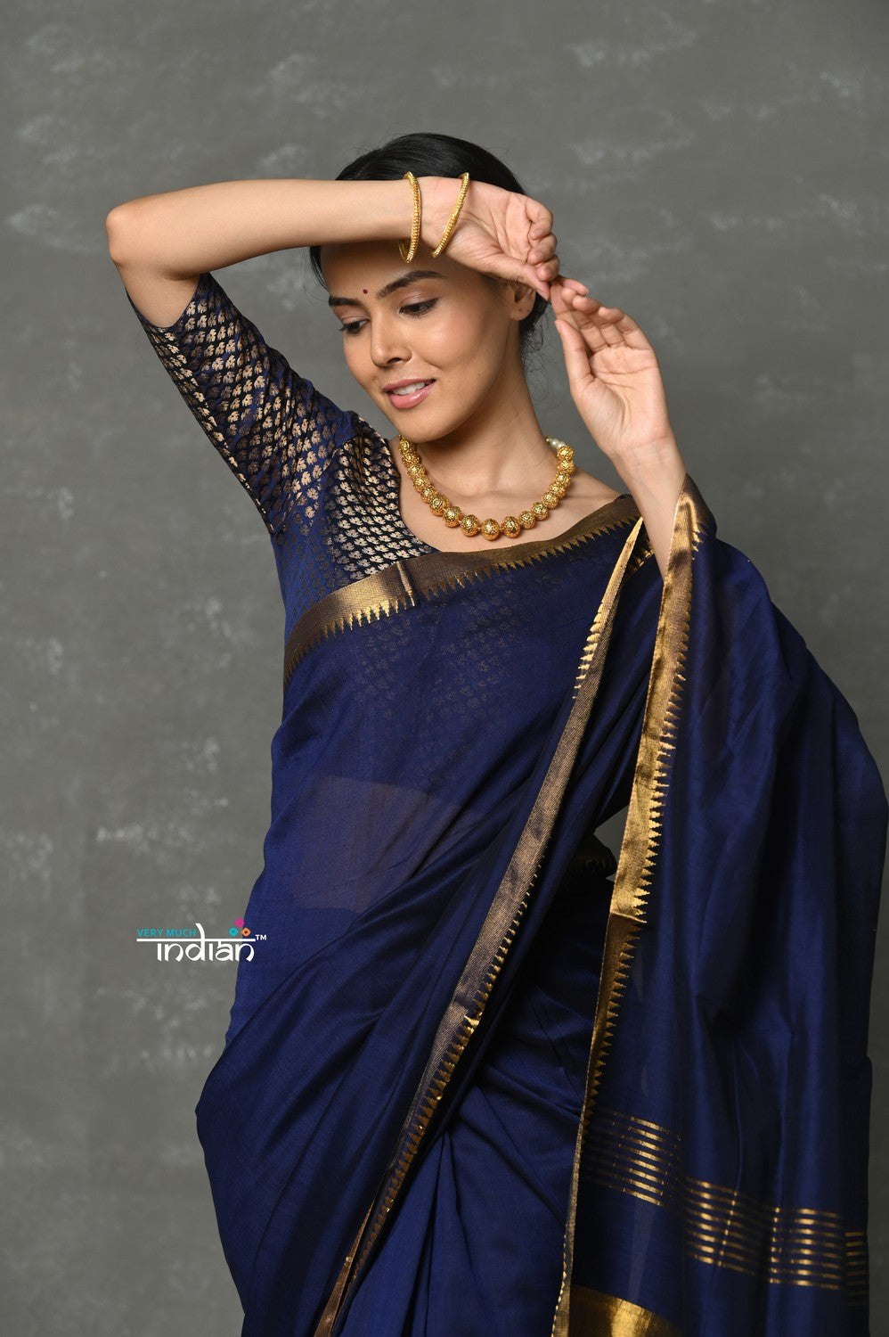 Very Much Indian Tyohaar - Designer! High Quality Pure Mul Cotton Handloom Saree - Dark Blue | Swadesiicart