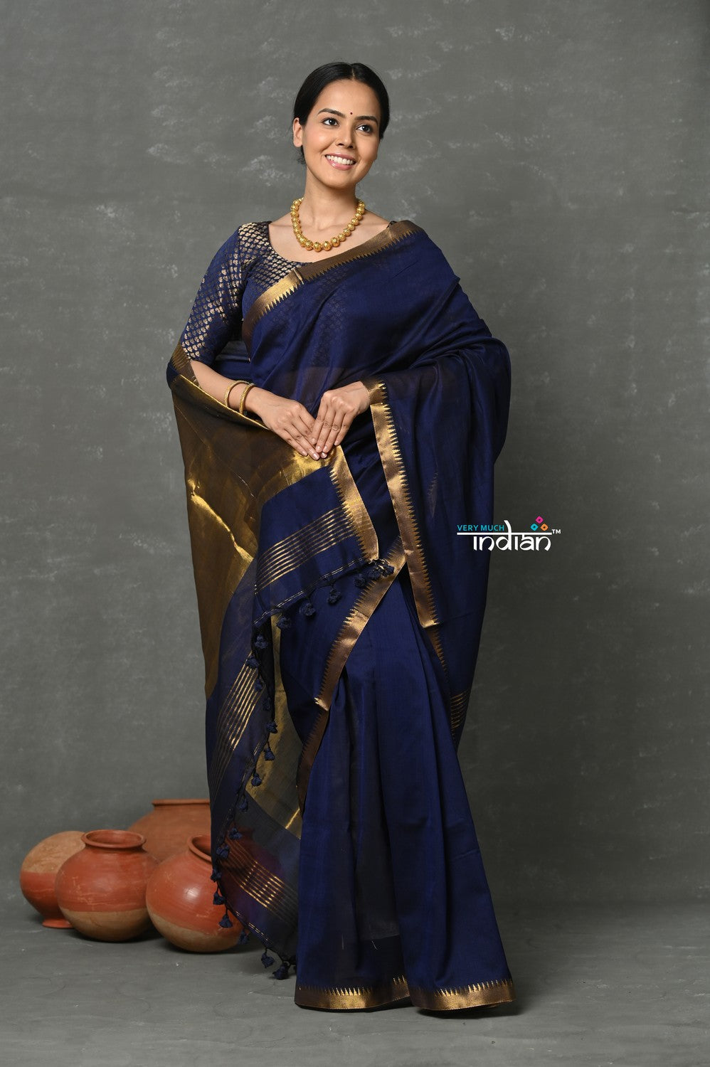 Very Much Indian Designer! High Quality Pure Mul Cotton Handloom Saree - Dark Blue | Swadesiicart