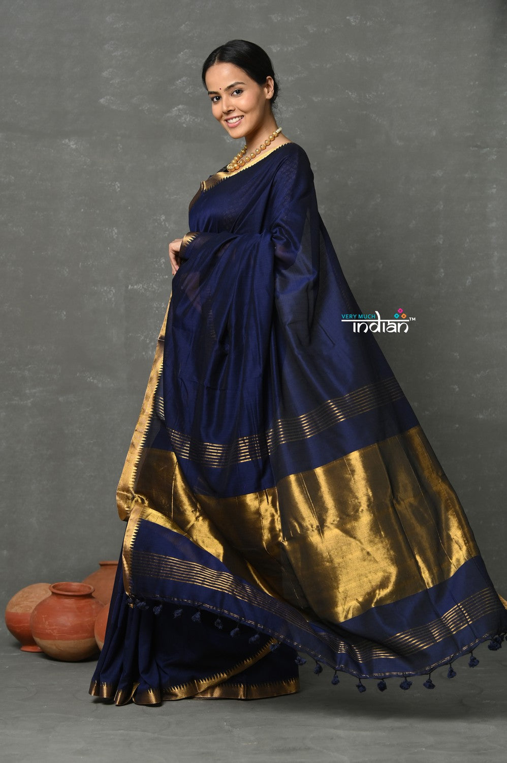 Very Much Indian Tyohaar - Designer! High Quality Pure Mul Cotton Handloom Saree - Dark Blue | Swadesiicart