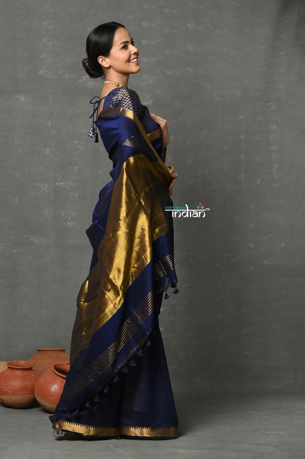 Very Much Indian Designer! High Quality Pure Mul Cotton Handloom Saree - Dark Blue | Swadesiicart