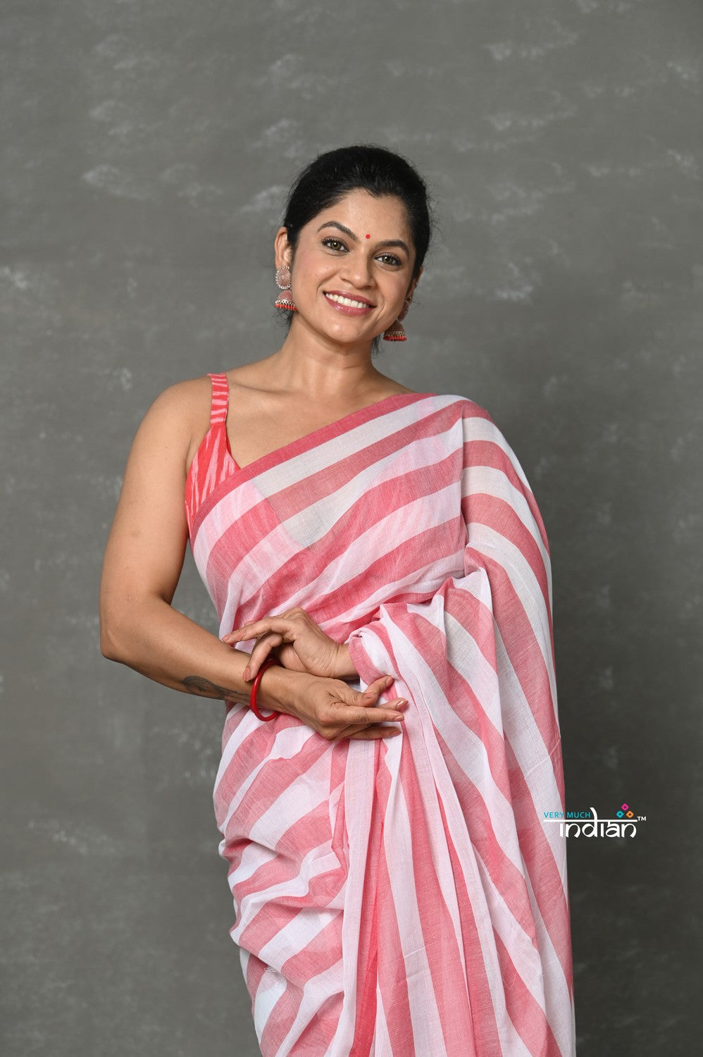 Very Much Indian Designer! Pure Mul Cotton Handloom Saree - Red White Stripes | Swadesiicart