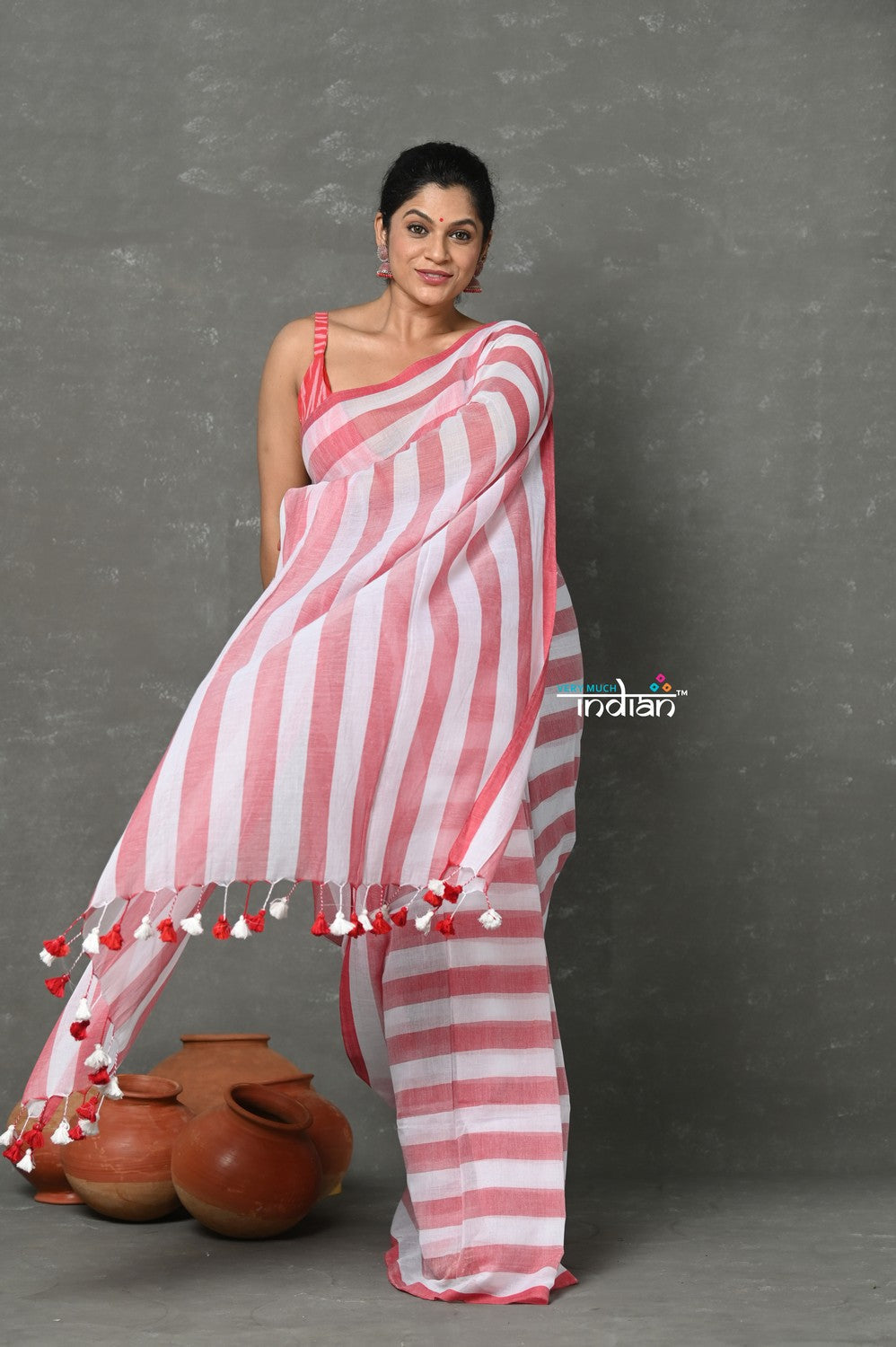 Very Much Indian Designer! Pure Mul Cotton Handloom Saree - Red White Stripes | Swadesiicart