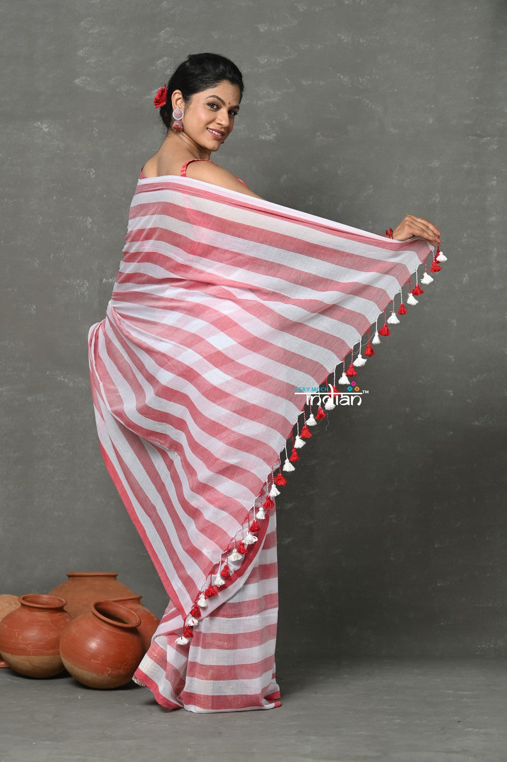 Very Much Indian Tyohaar - Designer! Pure Mul Cotton Handloom Saree - Red White Stripes | Swadesiicart