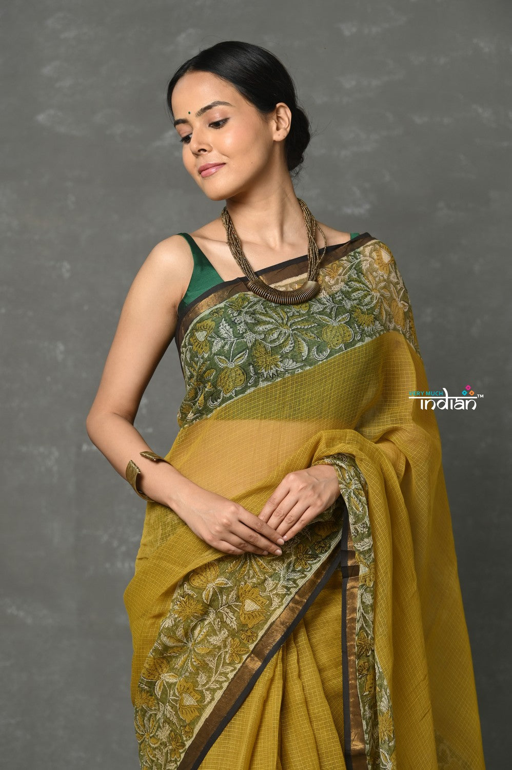 Very Much Indian Pure Kota Cotton Handblock Printed - Olive Yellow | Swadesiicart