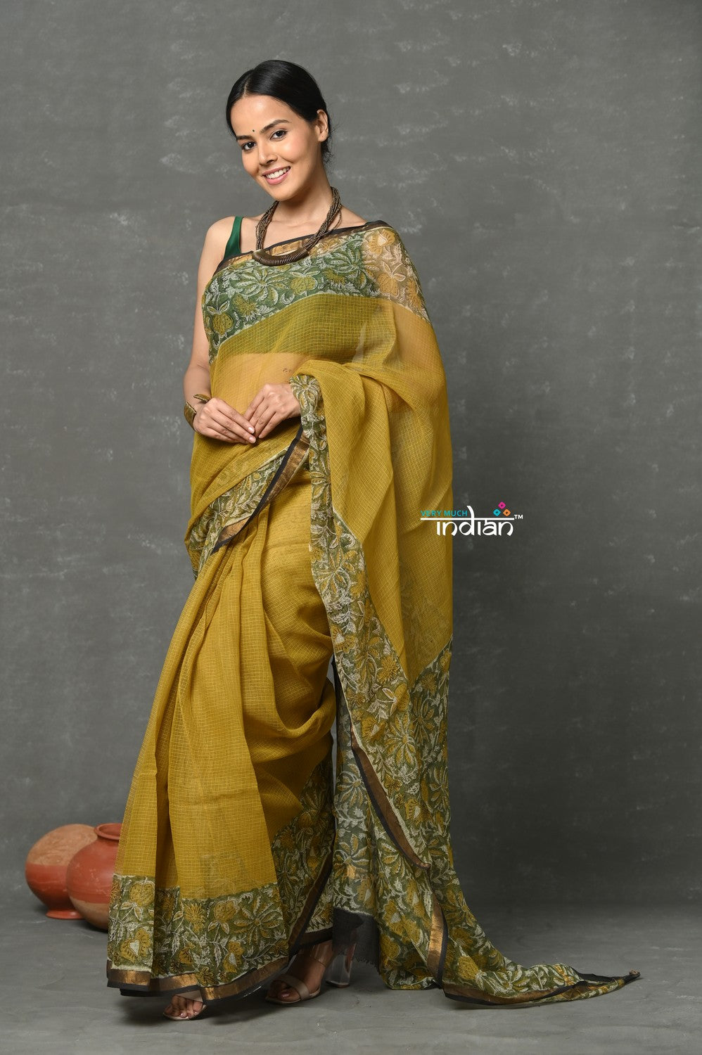 Very Much Indian Pure Kota Cotton Handblock Printed - Olive Yellow | Swadesiicart