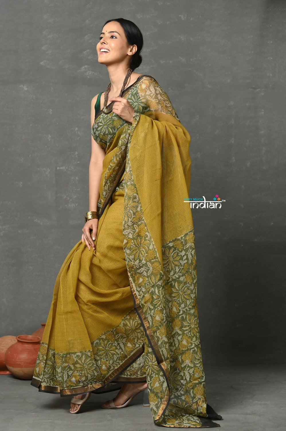 Very Much Indian Pure Kota Cotton Handblock Printed - Olive Yellow | Swadesiicart