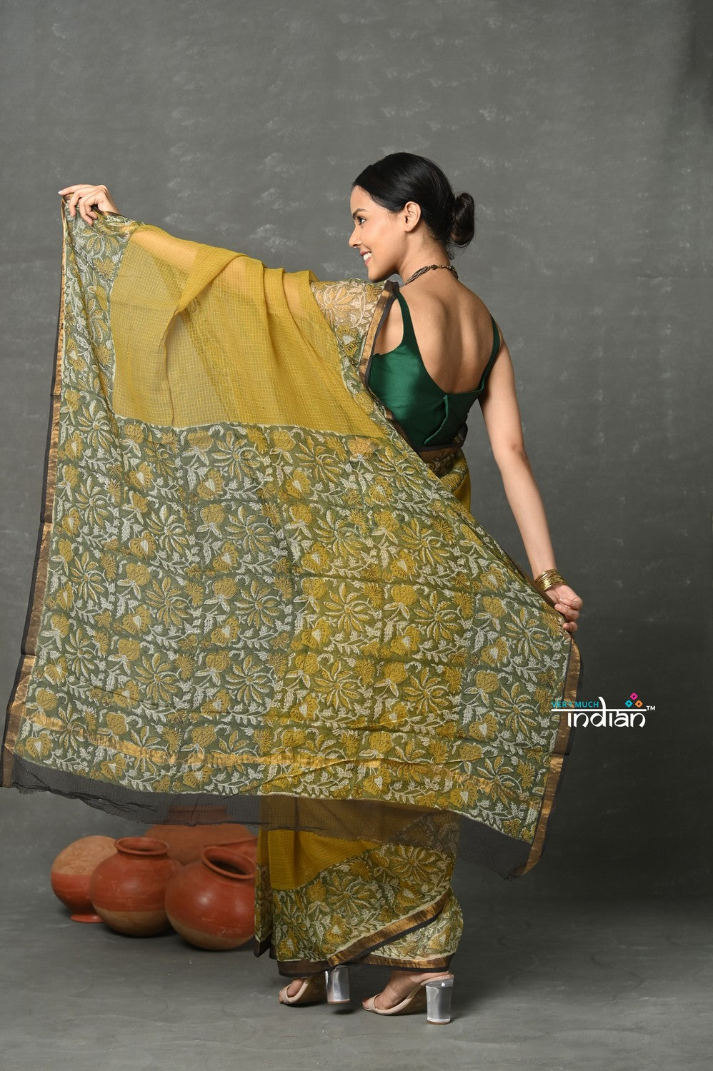 Very Much Indian Pure Kota Cotton Handblock Printed - Olive Yellow | Swadesiicart