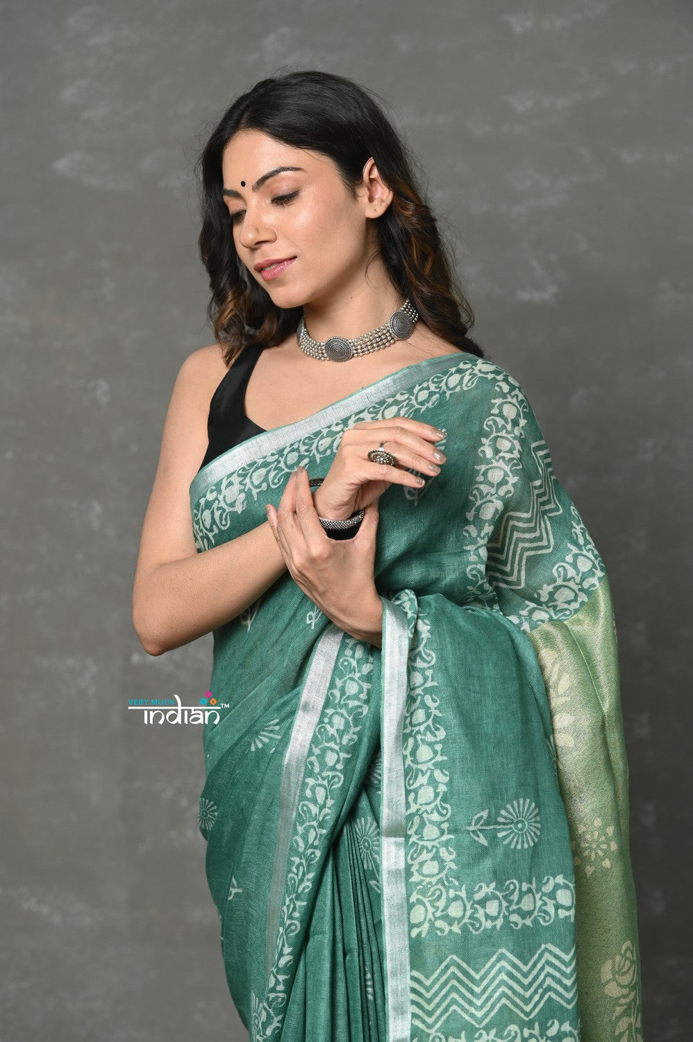 Very Much Indian Designed By VMI~ Handloom Pure Organic Natural Linen Saree - HandBlock Printed - Olive Green | Swadesiicart