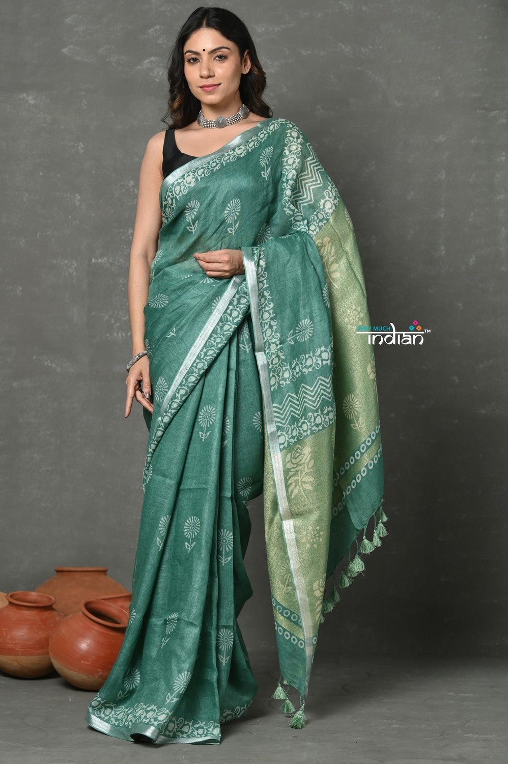 Very Much Indian Designed By VMI~ Handloom Pure Organic Natural Linen Saree - HandBlock Printed - Olive Green | Swadesiicart