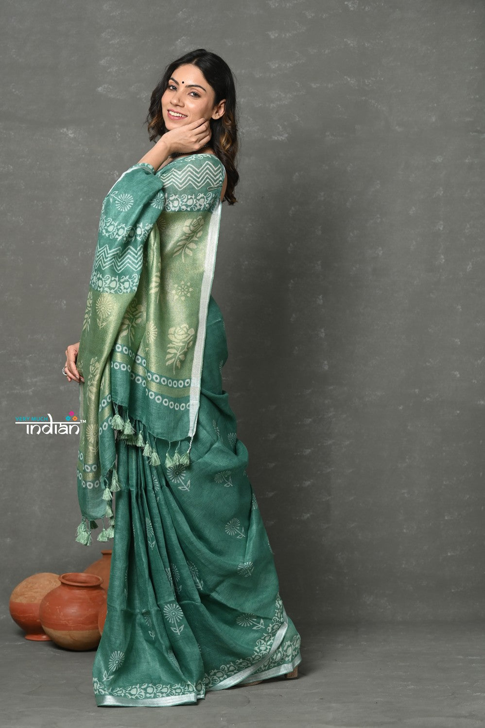 Very Much Indian Designed By VMI~ Handloom Pure Organic Natural Linen Saree - HandBlock Printed - Olive Green | Swadesiicart
