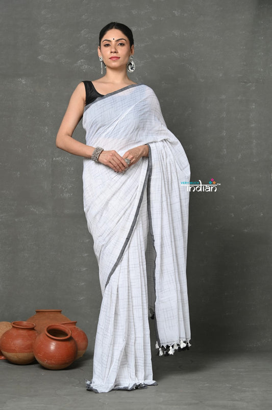 Very Much Indian Tyohaar - Mul Cotton Khadi Design Handloom Woven Saree - White | Swadesiicart
