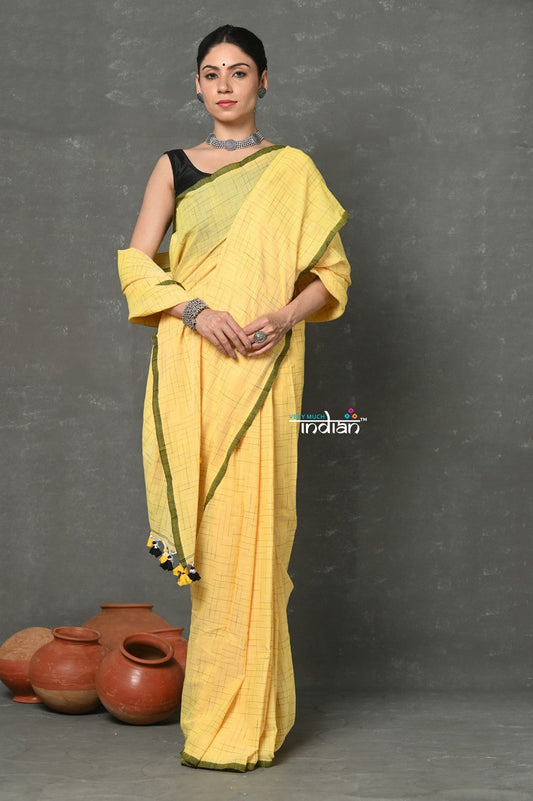 Very Much Indian Tyohaar - Mul Cotton Khadi Design Handloom Woven Saree - Yellow | Swadesiicart