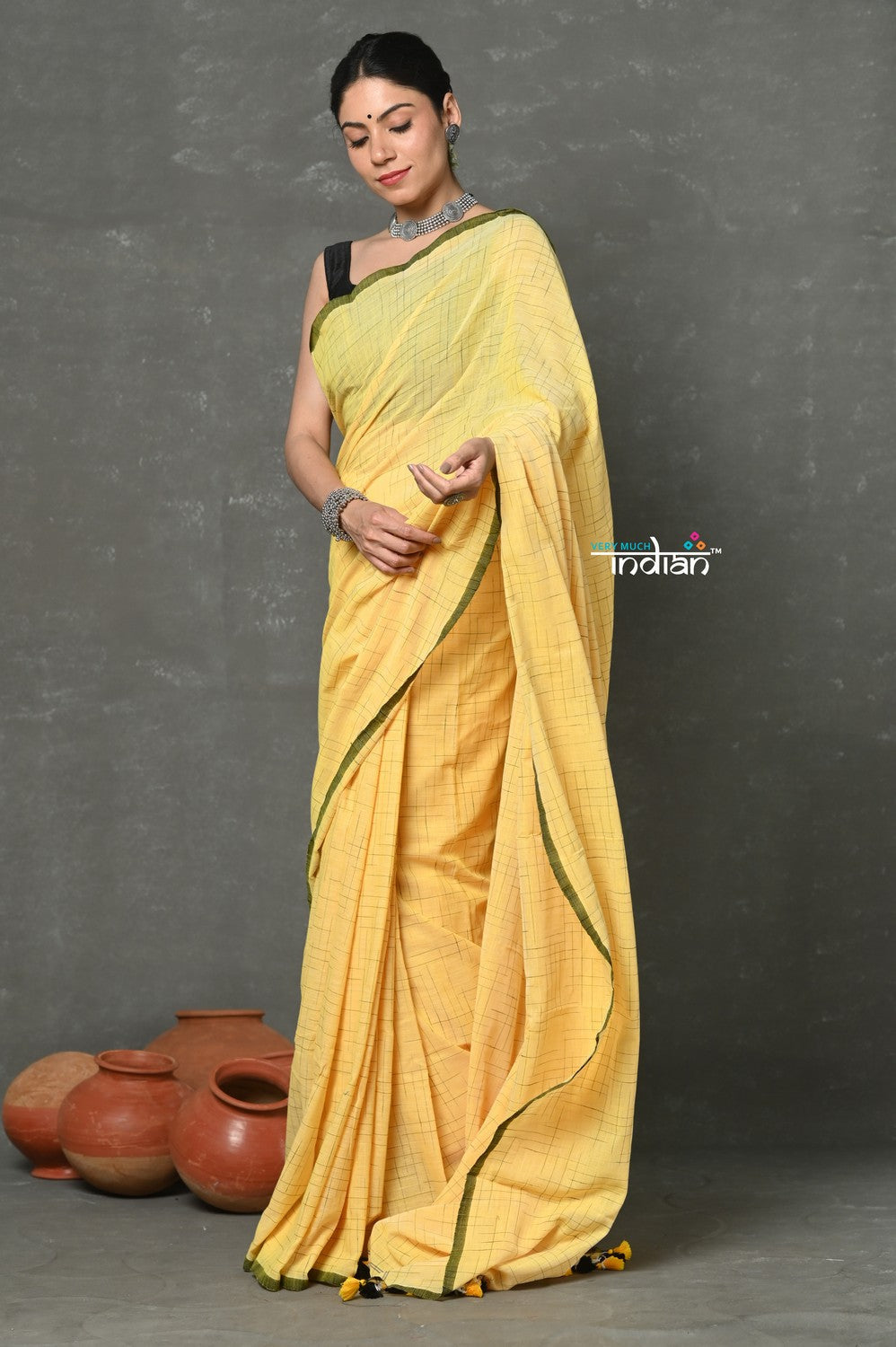 Very Much Indian Tyohaar - Mul Cotton Khadi Design Handloom Woven Saree - Yellow | Swadesiicart