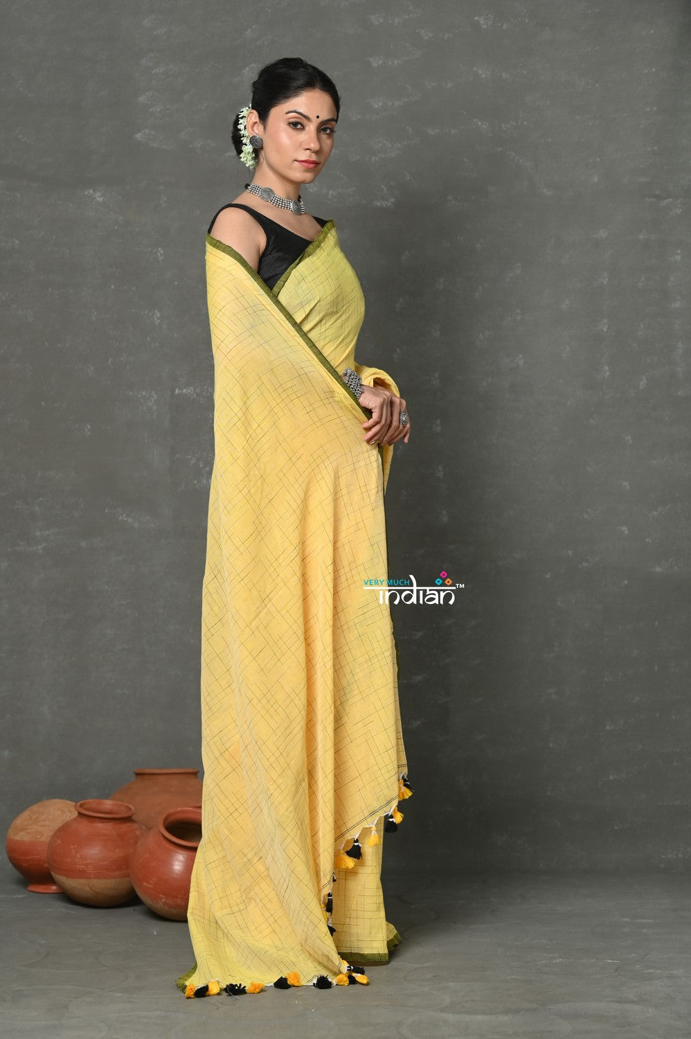 Very Much Indian Mul Cotton Khadi Design Handloom Woven Saree - Yellow | Swadesiicart