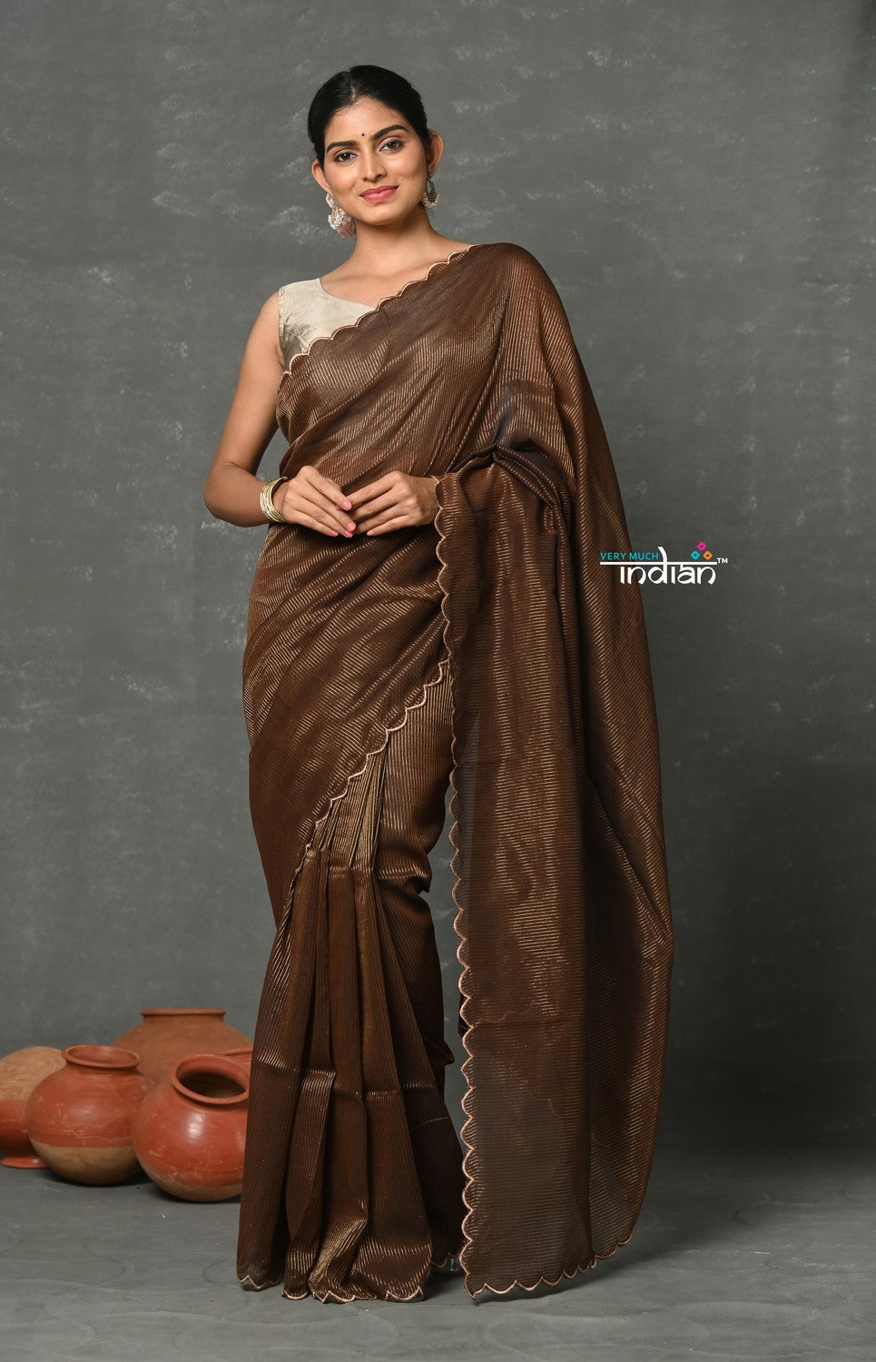 Very Much Indian Mul Cotton Zari Design Handloom Woven Saree - Brown | Swadesiicart
