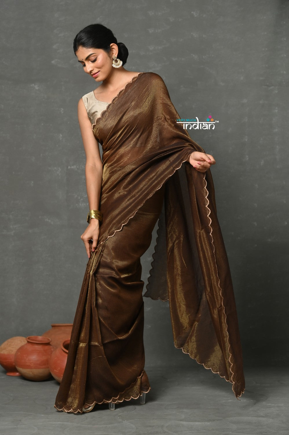 Very Much Indian Mul Cotton Zari Design Handloom Woven Saree - Brown | Swadesiicart