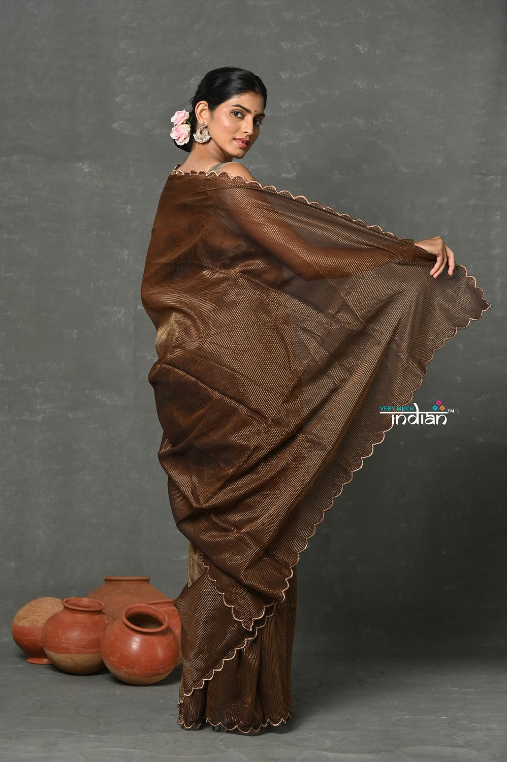 Very Much Indian Mul Cotton Zari Design Handloom Woven Saree - Brown | Swadesiicart