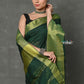 Very Much Indian Handloom Pure Cotton Linen Saree With Golden Border - Green | Swadesiicart