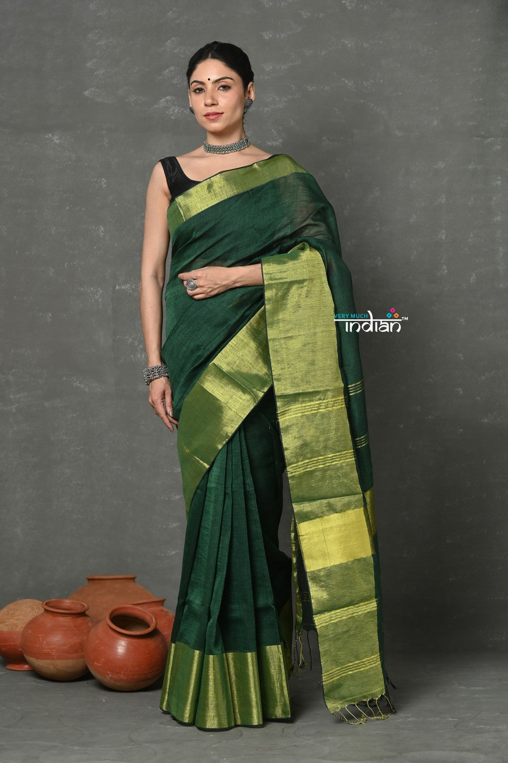 Very Much Indian Tyohaar - Handloom Pure Cotton Linen Saree With Golden Border - Green | Swadesiicart