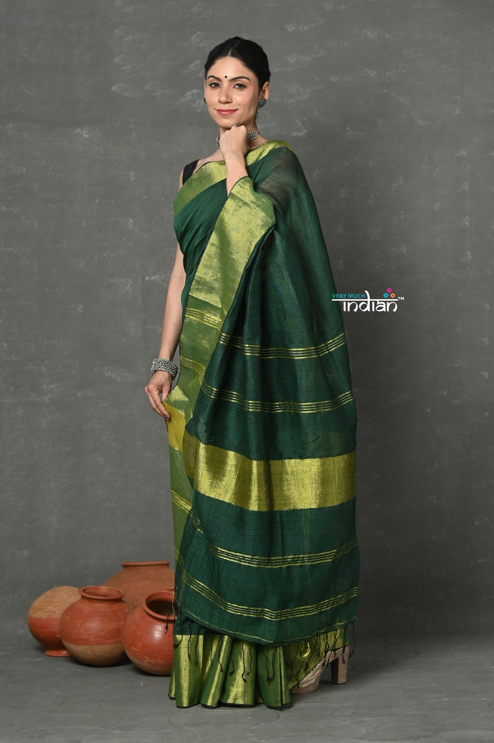 Very Much Indian Handloom Pure Cotton Linen Saree With Golden Border - Green | Swadesiicart