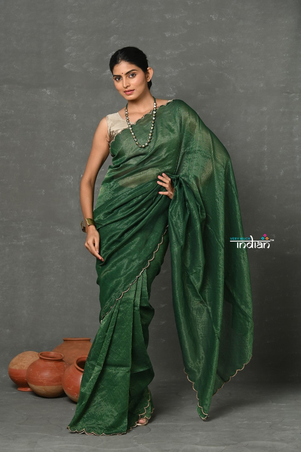 Very Much Indian Tyohaar - Mul Cotton Zari Design Handloom Woven Saree - Dark Green | Swadesiicart
