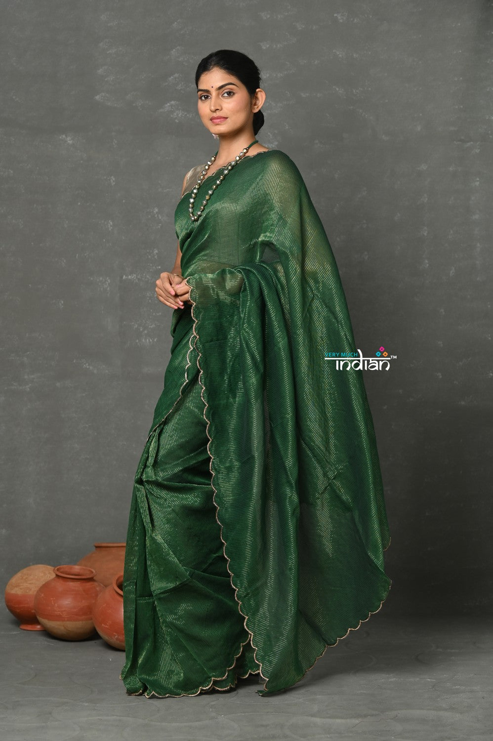 Very Much Indian Mul Cotton Zari Design Handloom Woven Saree - Dark Green | Swadesiicart