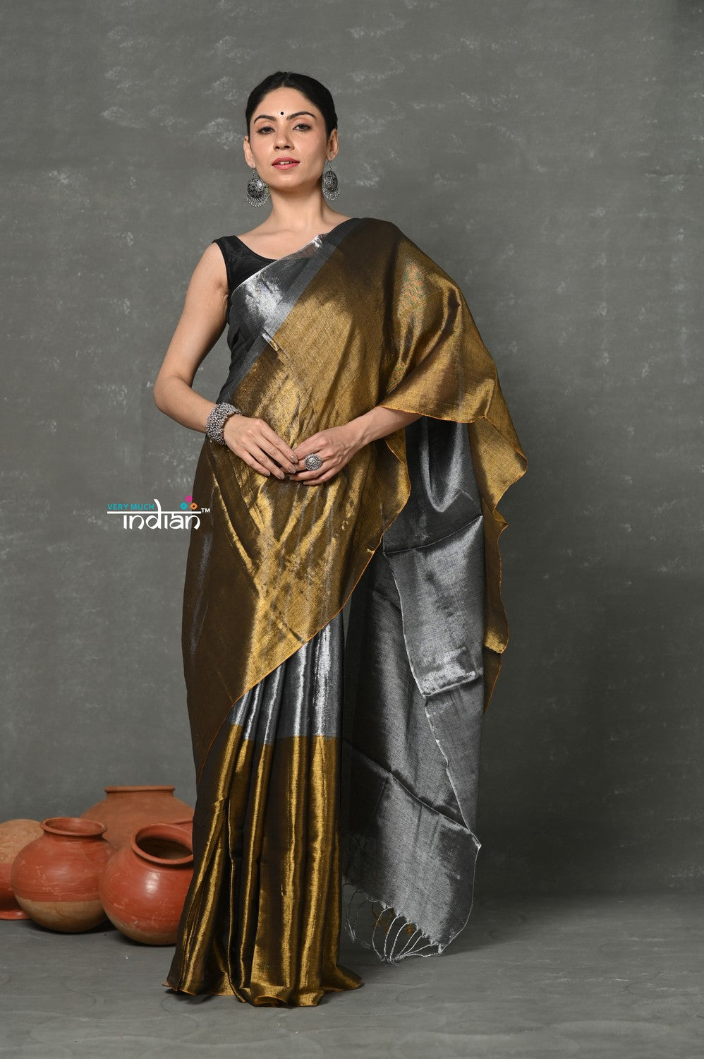 Very Much Indian Fusion Cotton Tissue Shimmer Saree - Silver and Gold | Swadesiicart