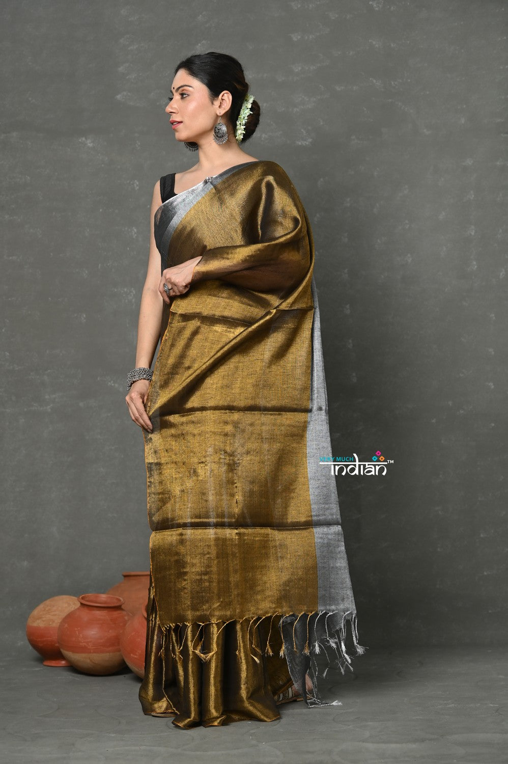 Very Much Indian Fusion Cotton Tissue Shimmer Saree - Silver and Gold | Swadesiicart