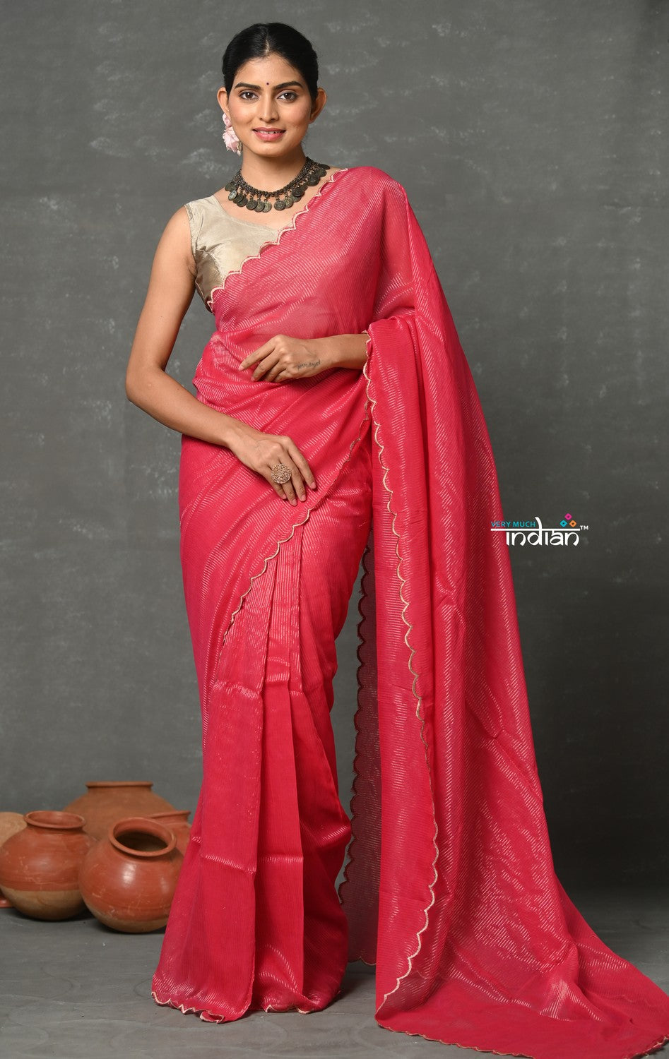 Very Much Indian Mul Cotton Zari Design Handloom Woven Saree - Rani Pink | Swadesiicart