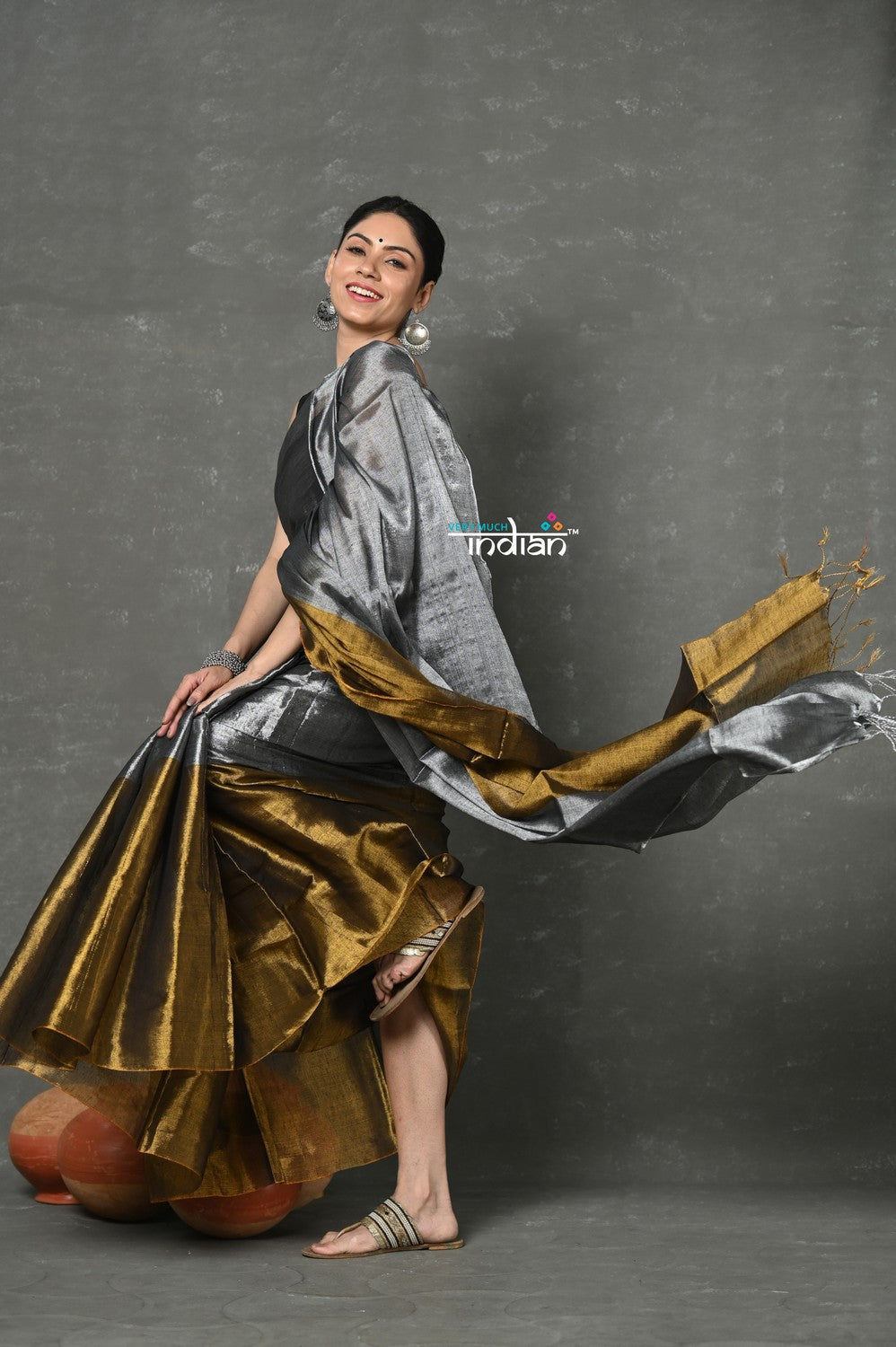Very Much Indian Tyohaar - Fusion Cotton Tissue Shimmer Saree - Silver and Gold | Swadesiicart