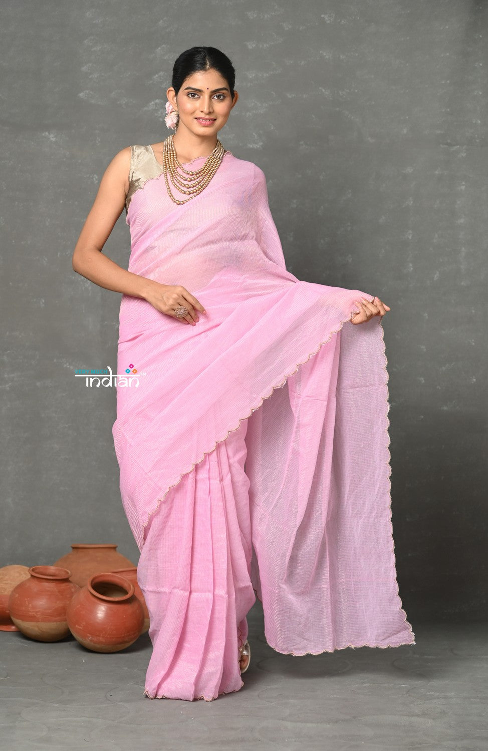 Very Much Indian Tyohaar - Mul Cotton Zari Design Handloom Woven Saree - Lily Pink | Swadesiicart