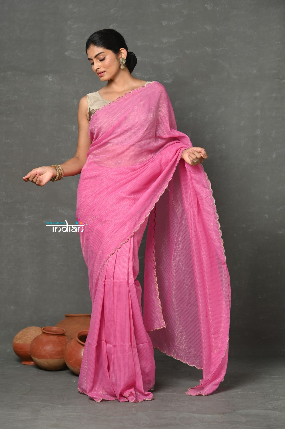Very Much Indian Tyohaar - Mul Cotton Zari Design Handloom Woven Saree - Heather Pink | Swadesiicart