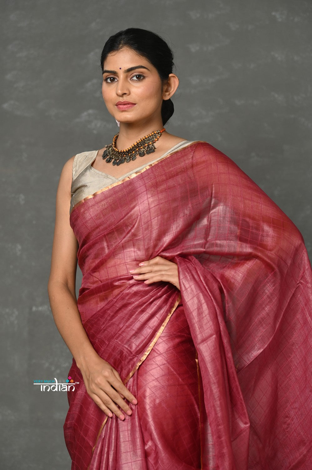 Very Much Indian Tyohaar - Pure Handloom Tussar Silk Saree With Sleek Golden Border - Copper Red | Swadesiicart