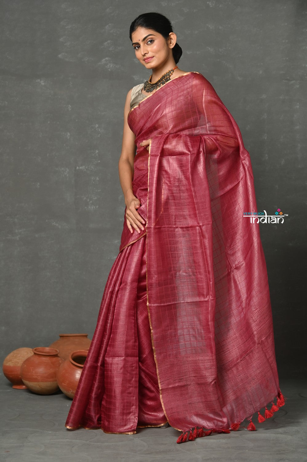 Very Much Indian Tyohaar - Pure Handloom Tussar Silk Saree With Sleek Golden Border - Copper Red | Swadesiicart