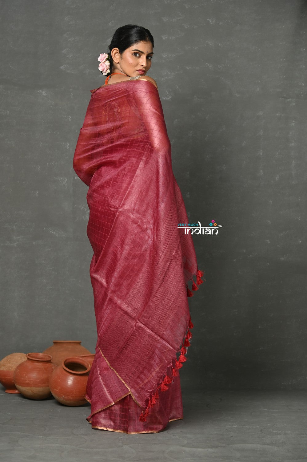 Very Much Indian Tyohaar - Pure Handloom Tussar Silk Saree With Sleek Golden Border - Copper Red | Swadesiicart