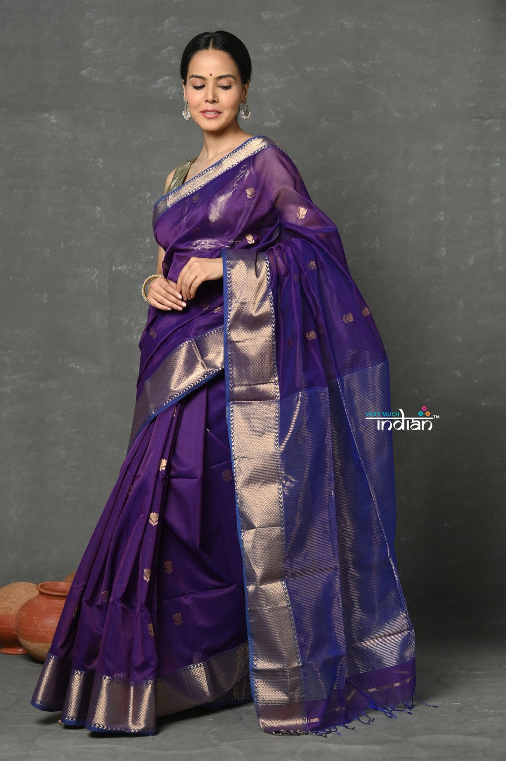 Very Much Indian Tyohaar - Handloom Pure Cotton Silk Saree With Golden Border - Violet | Swadesiicart