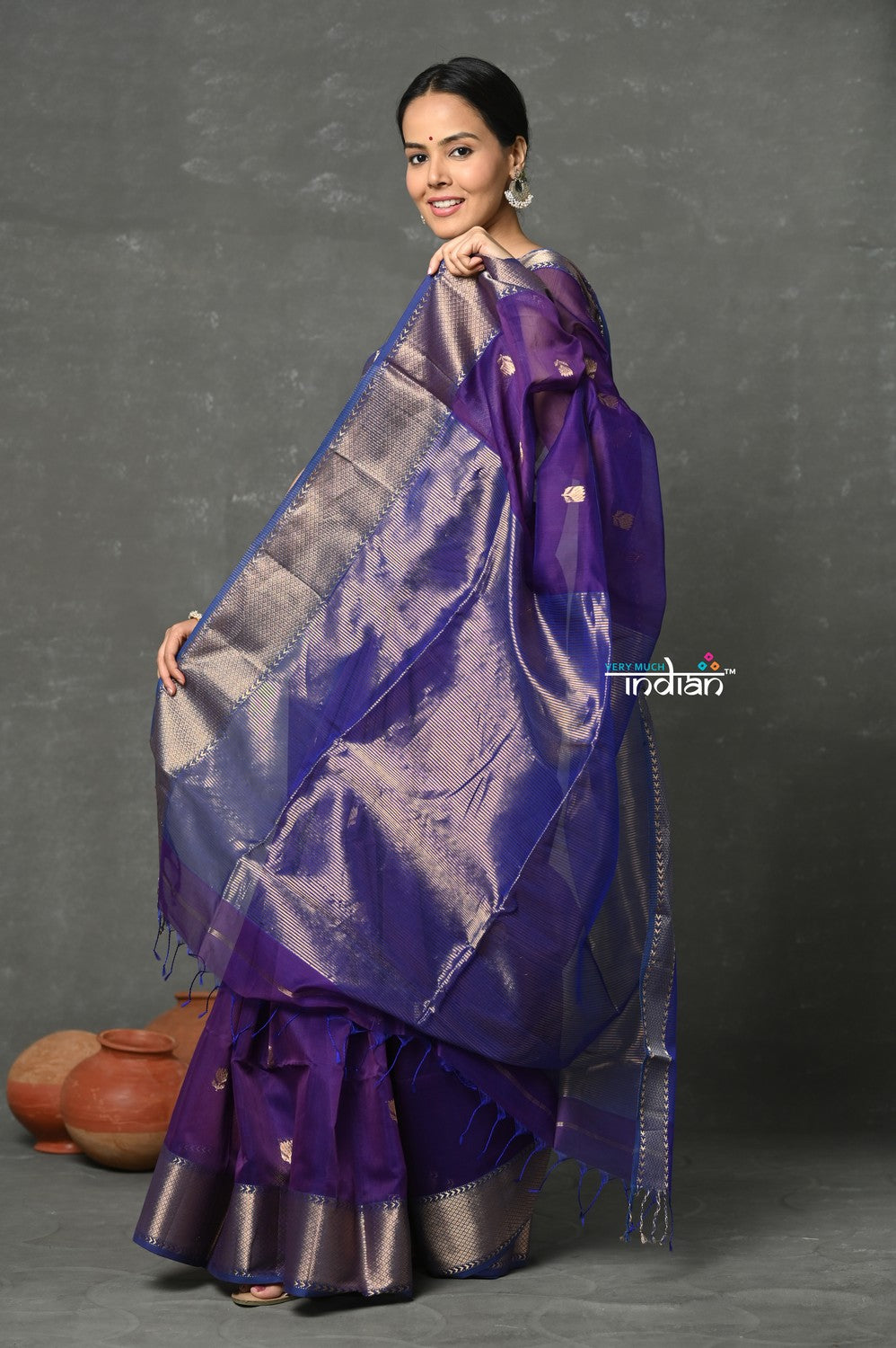 Very Much Indian Tyohaar - Handloom Pure Cotton Silk Saree With Golden Border - Violet | Swadesiicart