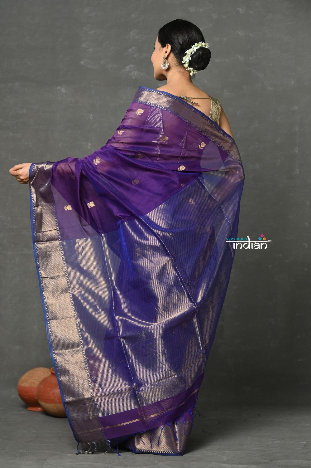 Very Much Indian Tyohaar - Handloom Pure Cotton Silk Saree With Golden Border - Violet | Swadesiicart