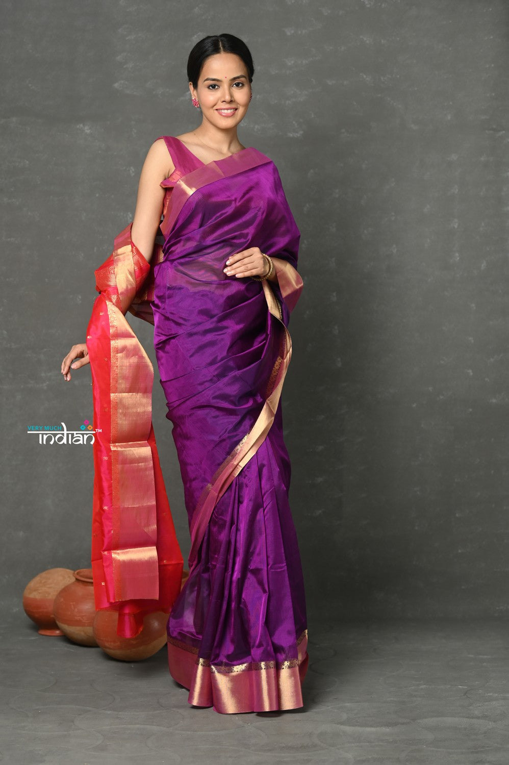 Very Much Indian Tyohaar - Handloom Pure Chanderi Cotton Silk Saree With Golden Border - Purple Pink | Swadesiicart