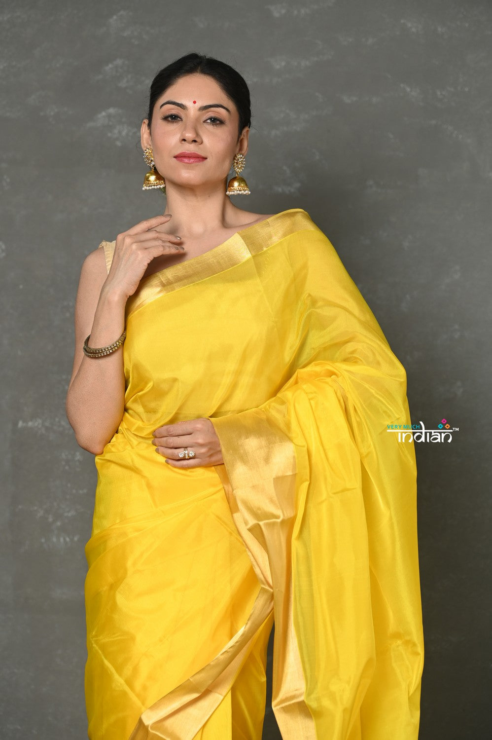 Very Much Indian Tyohaar - Handloom Pure Chanderi Cotton Silk Saree With Golden Border - Yellow | Swadesiicart